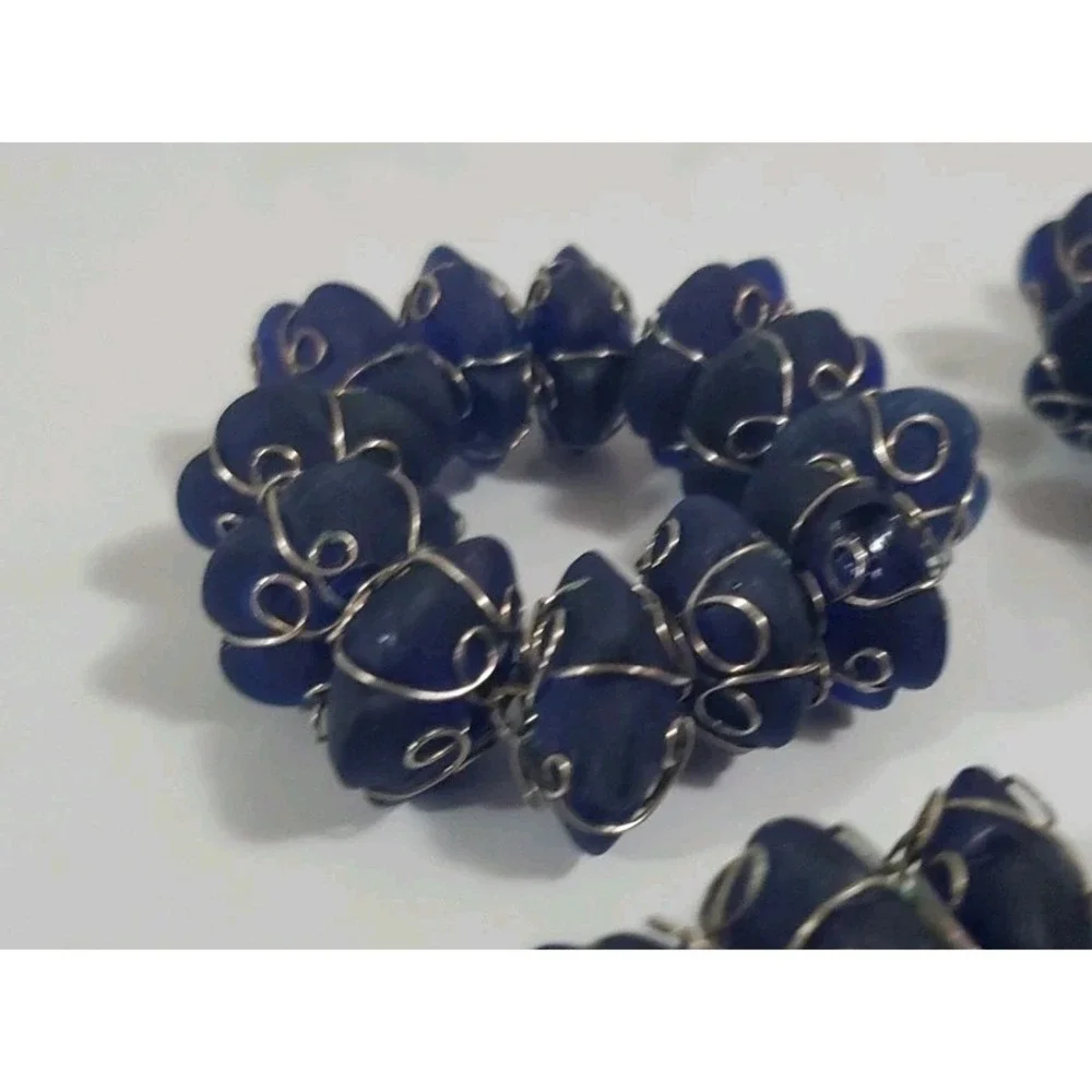 Vintage‎ Blue Stone and Wire Napkin Rings set of 6 Abstract Bohemian Summer Fall